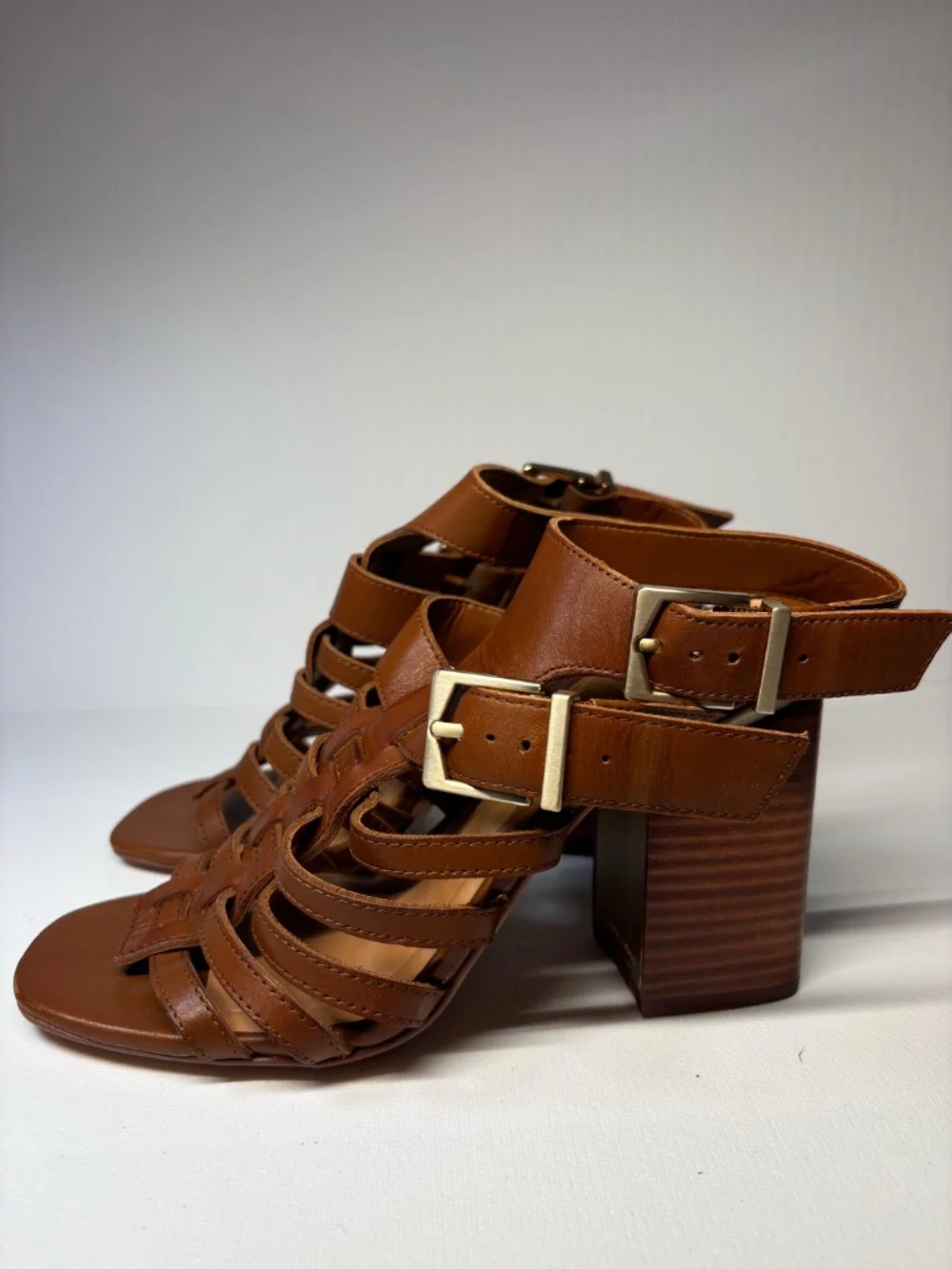 Vince Camuto Cognac Brown Gladiator Block Heel Sandals Buckle Strap Heels Size 6
